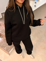 Taşlı Hoodie Takım Siyah