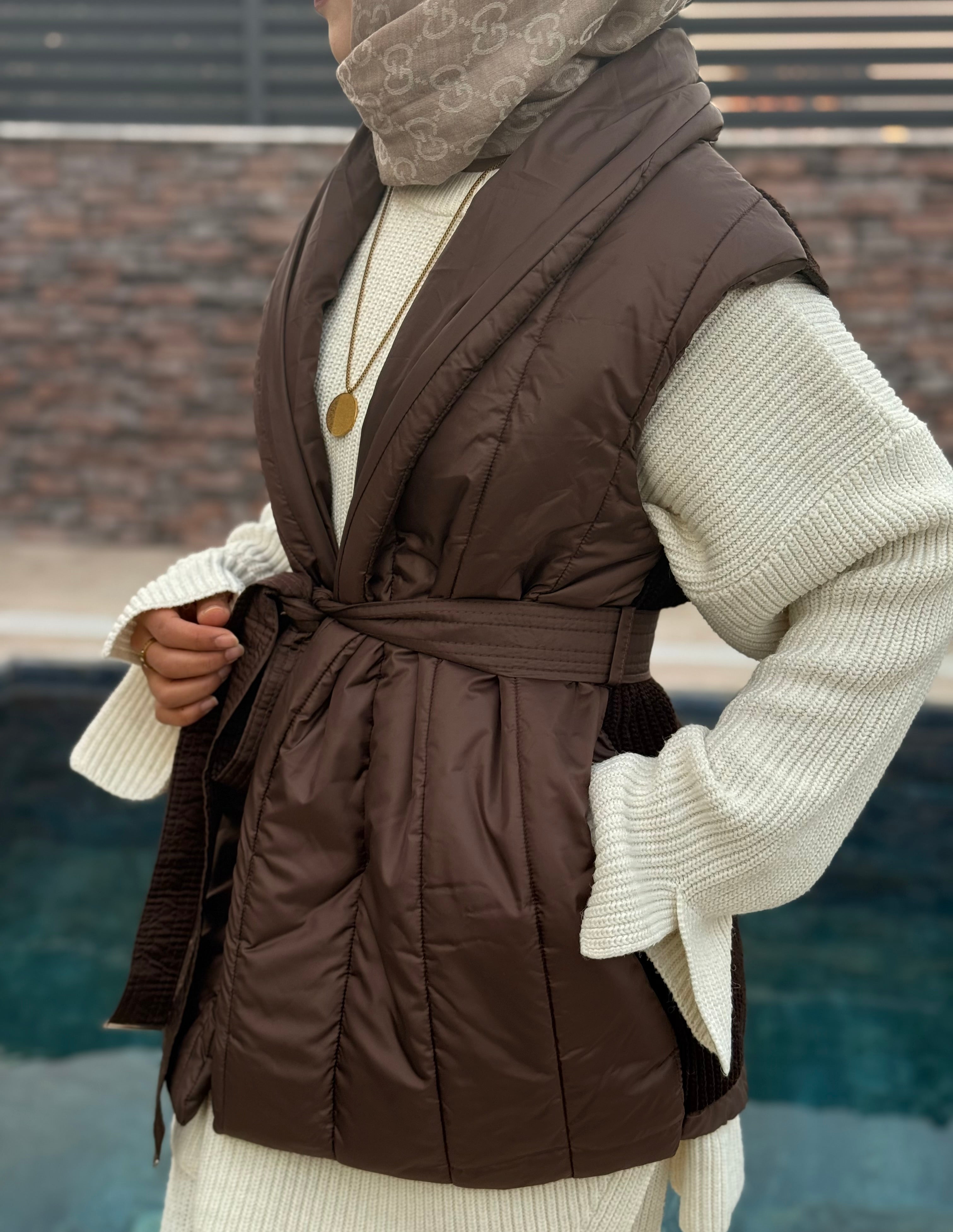 Kahve Örgü Detay Şişme Mont