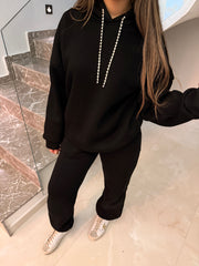 Taşlı Hoodie Takım Siyah