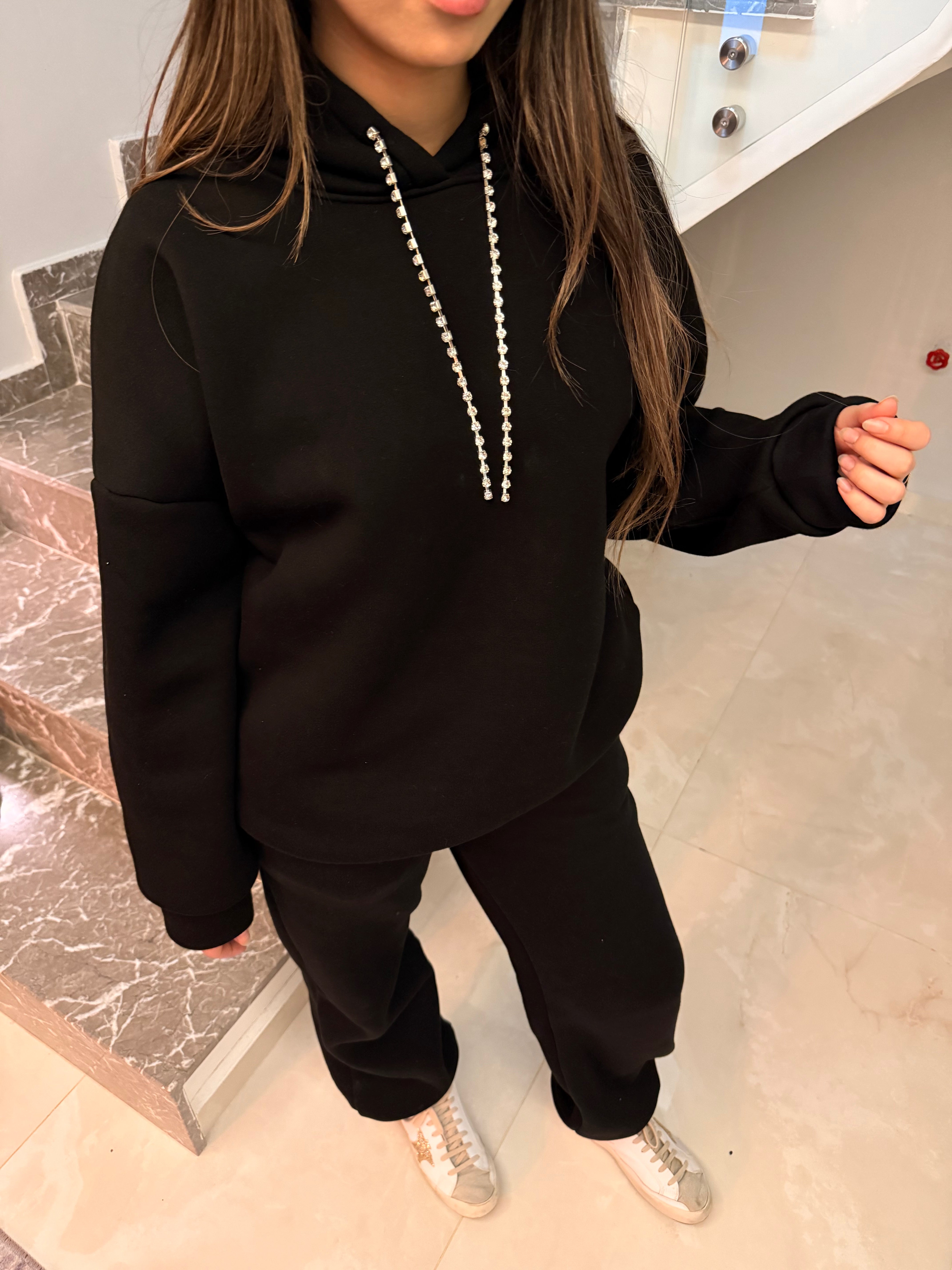 Taşlı Hoodie Takım Siyah