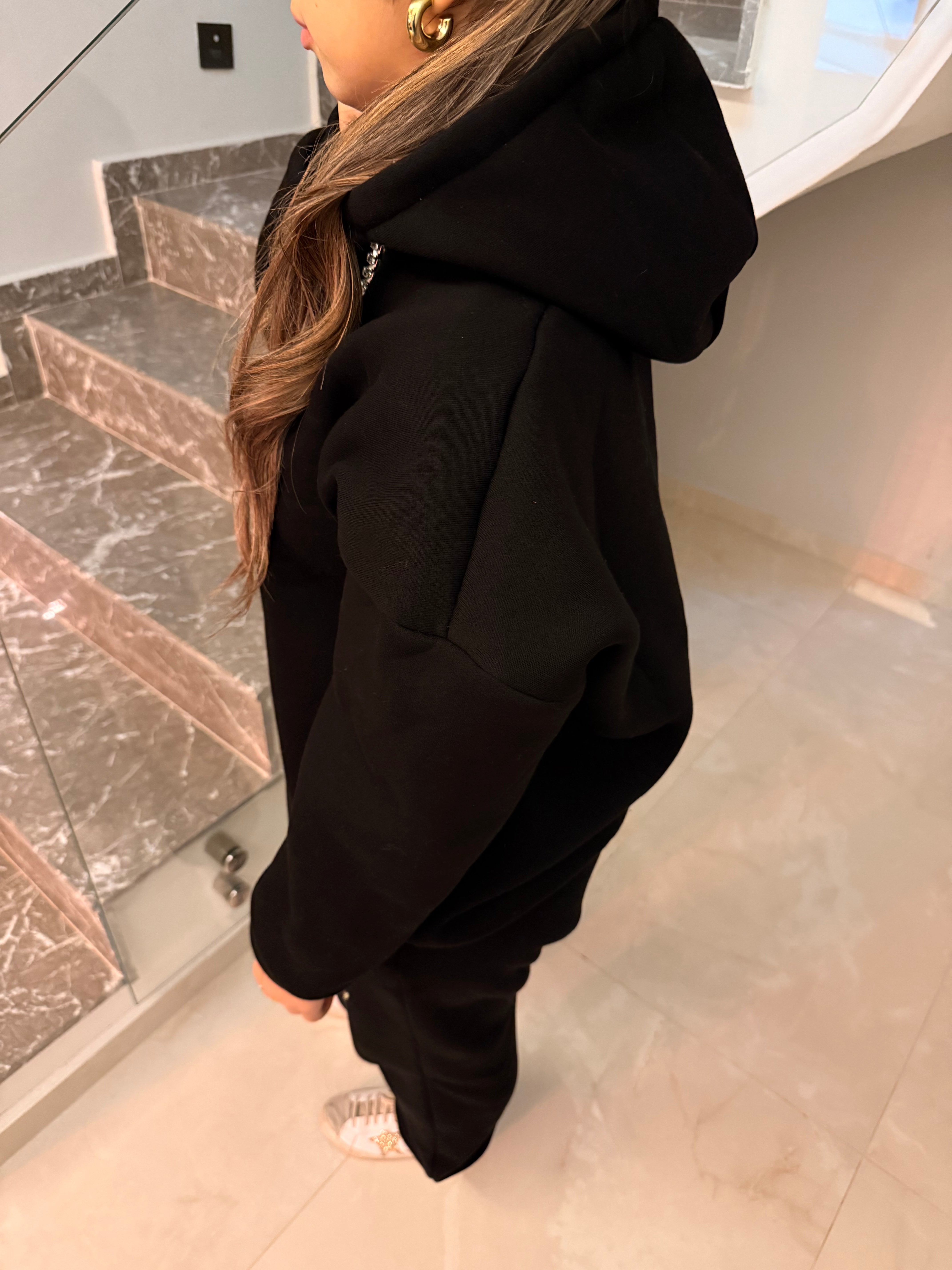 Taşlı Hoodie Takım Siyah