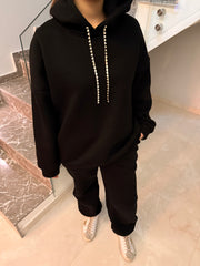Taşlı Hoodie Takım Siyah