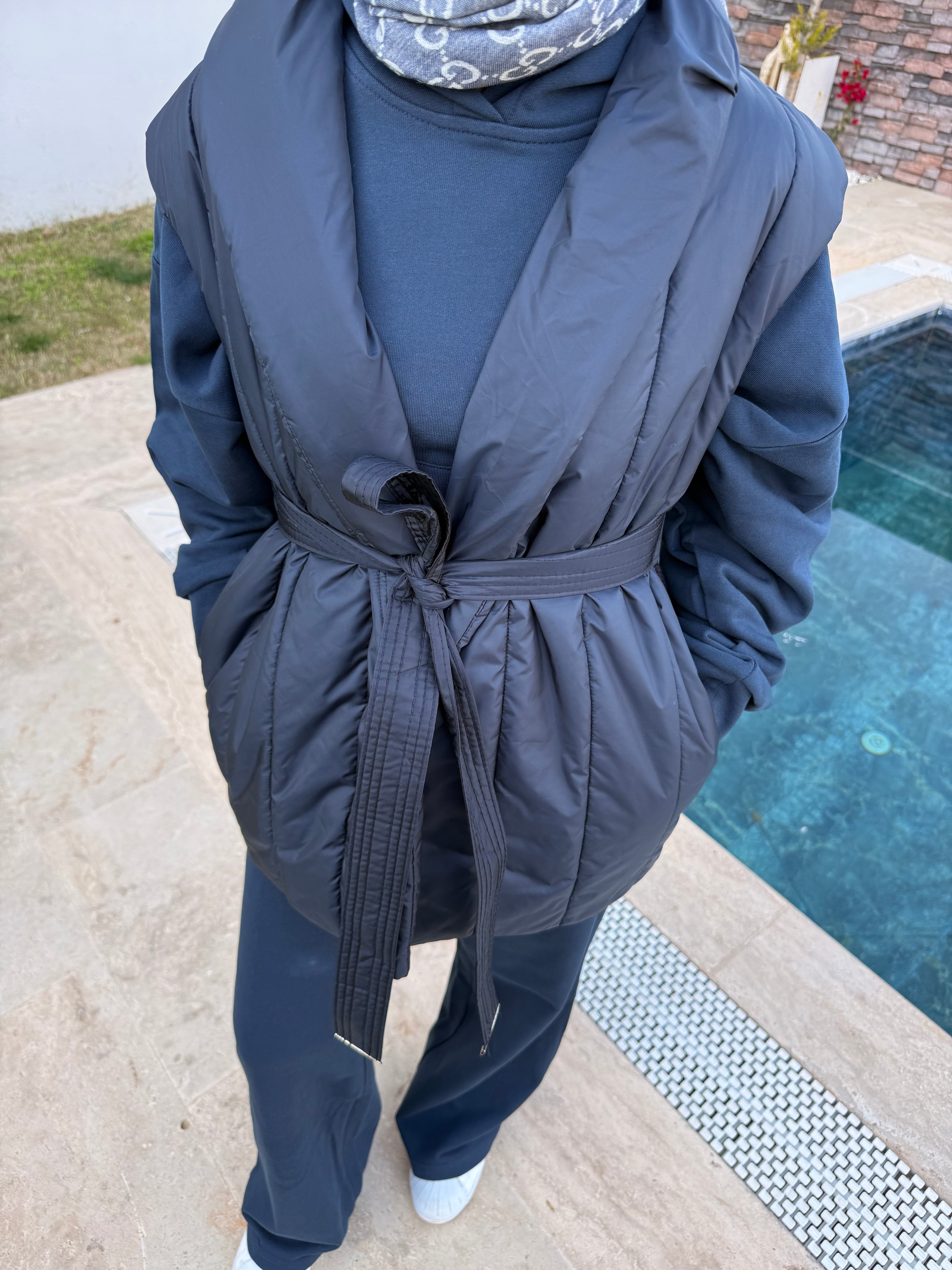 Lacivert Örgü Detay Şişme Mont